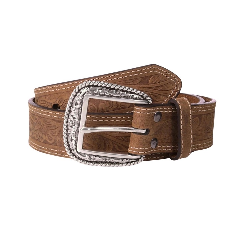 Ariat Mens Brown Floral Tooled Leather Western Belt Silver Buckle Size 30 NWOT